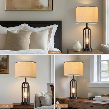 SRJJA Black Table Lamps for Living Room Set of 2 - Farmhouse Industrial Lamps for Night Stands with Night Light & USB A+C, 24" Rustic Bedside Lamp for Bedroom, Bulbs Included