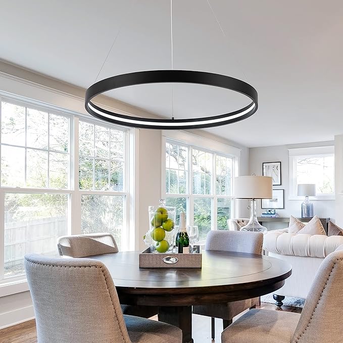 Modern Led Chandeliers Black, Dimmable Contemporary LED Chandeliers 1 Ring, Hanging Led Modern Pendant Light Fixture for Living Room Kitchen lsland Dining Room Foyer Office Entryway 6000k