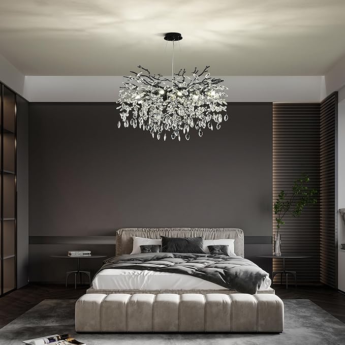 Modern Crystal Tree Branch Chandelier, Black Round Art Deco Pendant Light Raindrop Lighting Fixture for Dining Room Bedroom Foyer 10 Lights D30''