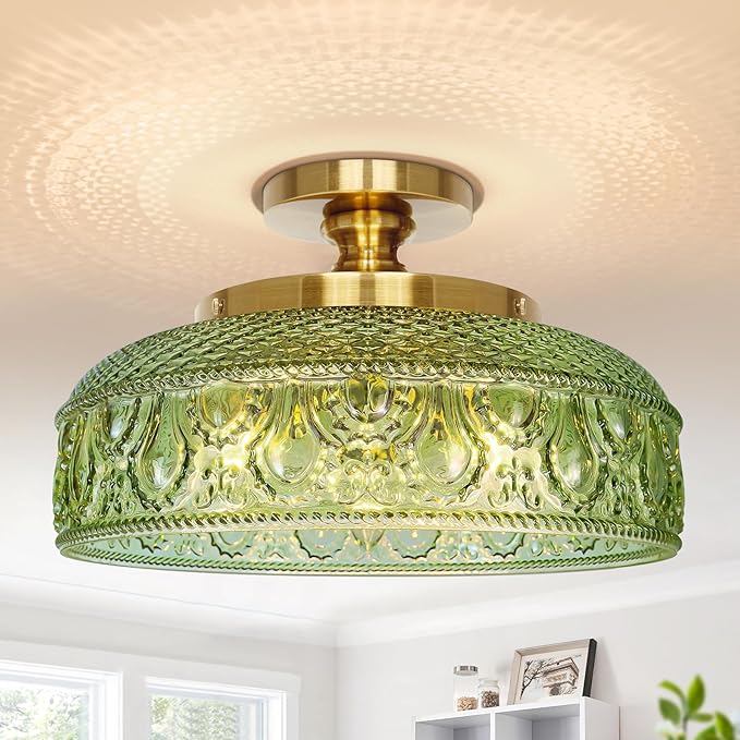 Lamomo Semi Flush Mount Ceiling Light, Upgraded Larger 12 Inch Green Hallway Light Fixture, 3 Light Globe Glass Close to Ceiling Scone, Indoor Hanging Light for Bedroom Kitchen Porch Hallway