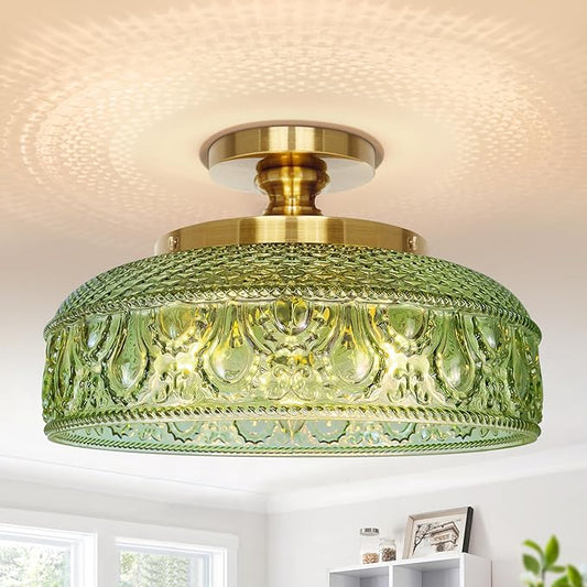 Lamomo Semi Flush Mount Ceiling Light, Upgraded Larger 12 Inch Green Hallway Light Fixture, 3 Light Globe Glass Close to Ceiling Scone, Indoor Hanging Light for Bedroom Kitchen Porch Hallway
