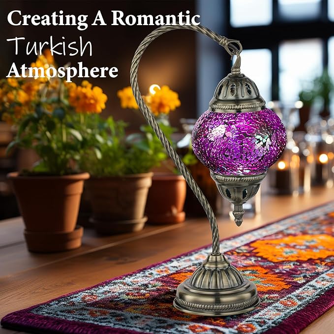 Marrakech Turkish Lamp Morrocan Table Lamps with Handmade Mosaic Glass, Tiffany Style Beside Lamp with Swan Neck Bronze Base Including LED Bulb for Living Room Bedroom Decor (Shard Red)