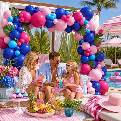 Blue Balloon Arch Kit,Royal Light Blue Hot Pink Balloons with Palm Leaves for Girl Boy Themed Birthday Party Decorations Baby Shower Graduation Summer Pool Hawaii Tropical Party Supplies