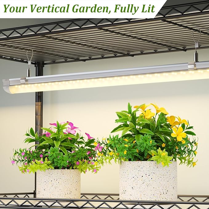 Plant Shelf with Grow Light, DIY 6-Tier Plant Stand with Grow Light, Adjustable Rack and Wheels, 8 Pack 24" 192W T8 Full Spectrum Grow Lamp for Indoor Plants, Seed Starting, Vegetable, 29"x13.5"x73.5"