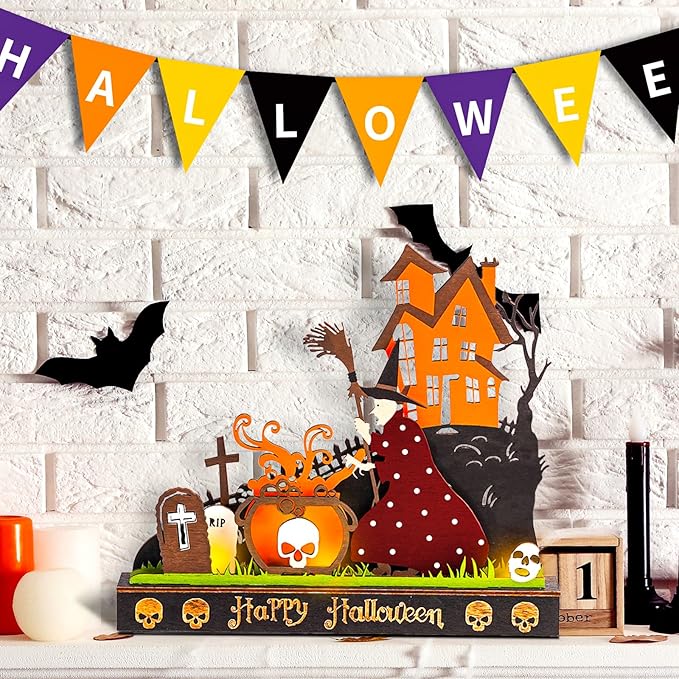 2 Pieces Wooden Halloween Table Decorations Indoor, Festival Decoration Night Light, Witch Tombstone Castle Halloween Decor for Desk Table Fireplace Room Living Room Kitchen Office Bar