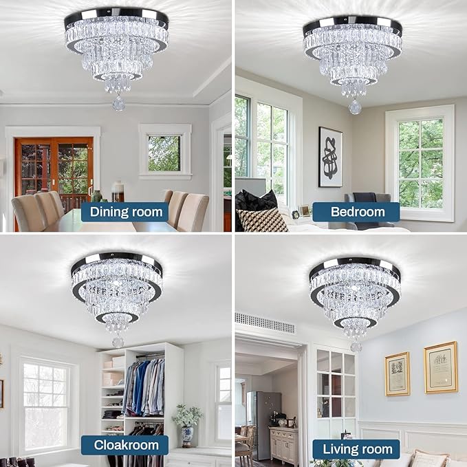 16" Crystal Chandeliers LED Crystal Ceiling Light Fixtures Flush Mount Ceiling Light Modern Chandelier Lights for Living Room Bedrooms Dining Room (6500K Cool White)