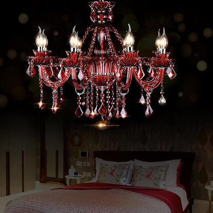 Bagood Red 8 Lights K9 Crystal Candle Chandeliers Lighting K9 Crystal Candle Chandeliers Crystal Modern Chandelier for Dining Living Room Bedroom Entry Elegant Decoration E12 Base, H22.8 x W27.2