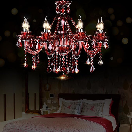 Bagood Red 8 Lights K9 Crystal Candle Chandeliers Lighting K9 Crystal Candle Chandeliers Crystal Modern Chandelier for Dining Living Room Bedroom Entry Elegant Decoration E12 Base, H22.8 x W27.2