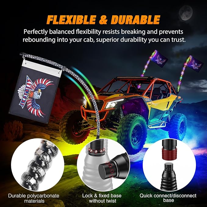 Nilight 2PCS 4FT RGB LED Whip Light with Spring Base and 4 PCS Rock Lights Combo, Remote App Control w/DIY Chasing Patterns Turn Signal Brake Reverse Antenna Lighted Whips for ATV UTV Polaris RZR Jeep