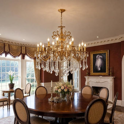 Vintage 10 Arms Crystal Chandelier Candle Light Fixture for Dining Room Living Room Bedroom Hallway Entryway Antique Gold Finish (34"-15 Lights)