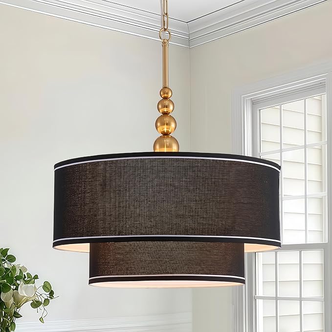 Shrine Lighting Double Drum Chandeliers, Farmhouse Style, Perfect Drum Pendant Light for Dining Room, D20'' x H10'', Adjustable Chains 55'', E12*4 Sockets, Black Linen Fabric Lampshade & Gold Rod