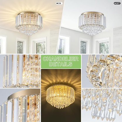 HOPGGIE 11.8 Inch Crystal Chandelier Modern Chandelier Light Mini Chandelier Semi Flush Mount Ceiling Light Fixture Small Chandelier for Bedroom Hallway Kitchen Foyer Closet (Gold)