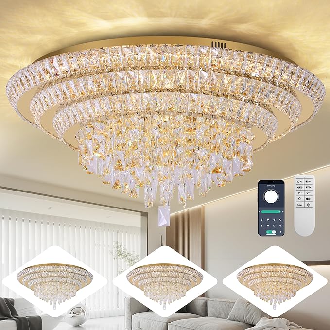 30 inch Crystal Gold Ceiling-Light Flush Mount With Remote Control and APP, 3CCT Dimmable & Brightness Adjustable, Modern Crystal Raindrop Chandeliers for Bedroom Hallway Dinning Room Living Room