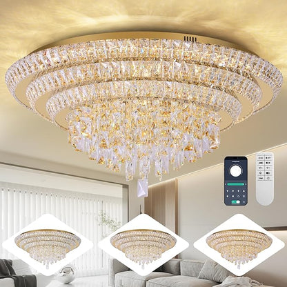 30 inch Crystal Gold Ceiling-Light Flush Mount With Remote Control and APP, 3CCT Dimmable & Brightness Adjustable, Modern Crystal Raindrop Chandeliers for Bedroom Hallway Dinning Room Living Room
