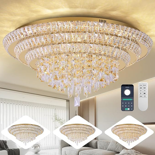 30 inch Crystal Gold Ceiling-Light Flush Mount With Remote Control and APP, 3CCT Dimmable & Brightness Adjustable, Modern Crystal Raindrop Chandeliers for Bedroom Hallway Dinning Room Living Room