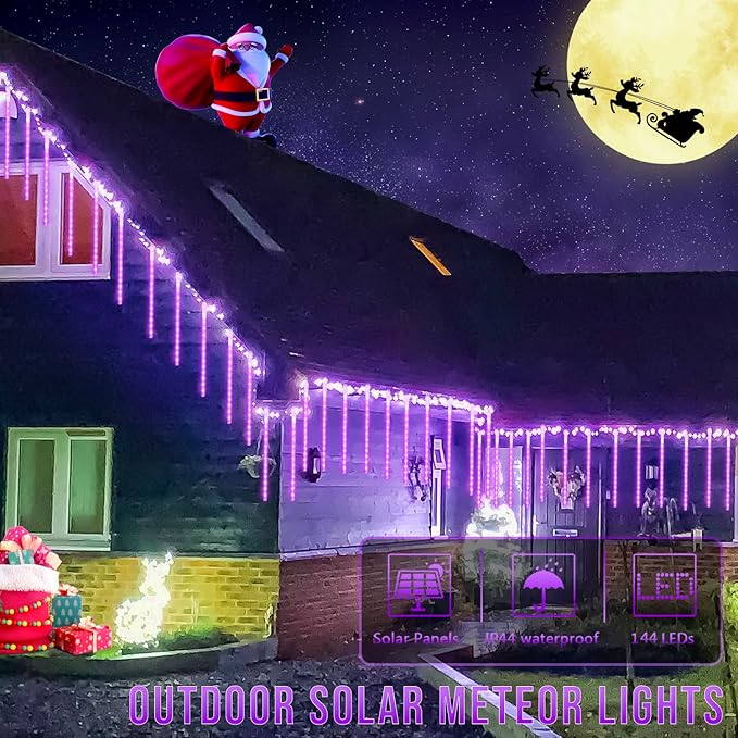 JMEXSUS Solar Christmas Lights Outdoor, 8 Tube 144 LEDs Solar Meteor Shower Lights, Purple Christmas Light for Tree Fence Eaves Patio Yard Holiday Party Decor