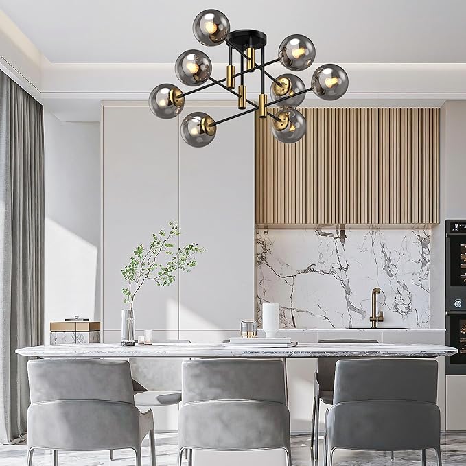 8-Light Sputnik Chandelier Modern Matte Black and Gold Ceiling Light, Glass Globe Hanging Light Fixture for Dining Room, Kitchen Island, Bedroom, Living Room