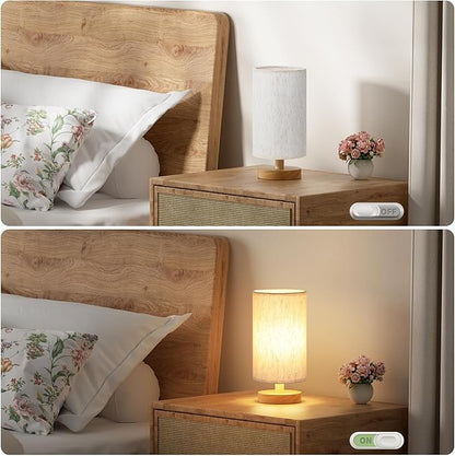 Fenmzee Small Table Lamp for Bedroom - Inline Control, Bedside Lamp with 3000K A15 LED Blub, Easy Assembly (Cream Shade - Wood Base, 9" Inline Control)