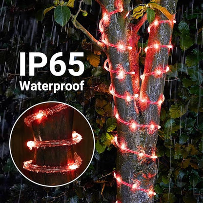 Solar Rope Lights, 33ft 100LED Solar String Lights, 8 Modes Waterproof Solar Powered Outdoor Light, Flexible Clear Tube Light for Garden Backyard Patio Deck Porch Pool Tree Christmas Decoration - Red