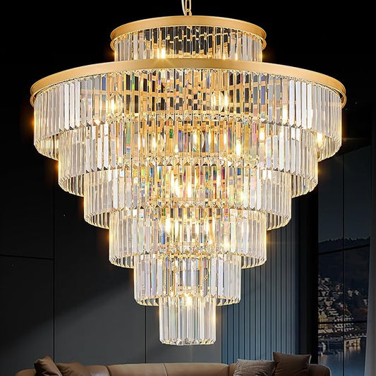 Crystal Chandeliers Large 40" 28 Lights Modern Round Chandelier Luxury Gold 7-Tier K9 Crystal Ceiling Pendant Lighting Fixture for Tall Ceiling Foyer Staircase Living Room
