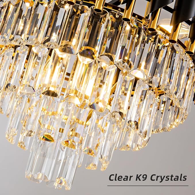 Modern Chandelier Gold and Black Crystal Chandeliers 4-Tier 20 Inch Round Hanging Crystal Pendant 7 Lights Fixture for Dining Room Bedroom Living Room Farmhouse, Clear