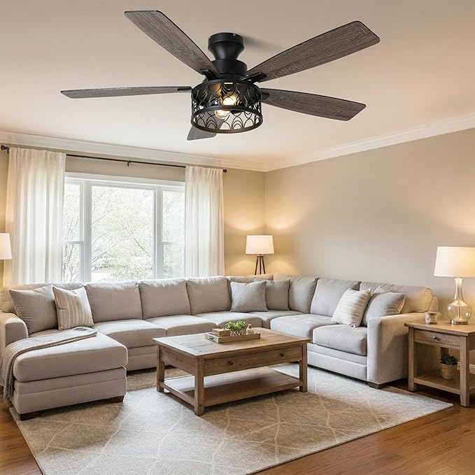 52'' Ceiling Fan with Lights, Flush Mount Farmhouse Ceiling Fan with Remote Control, 6 Speeds Reversible DC Motor, Low Profile Industrial Caged Ceiling Fan for Bedroom Living Room