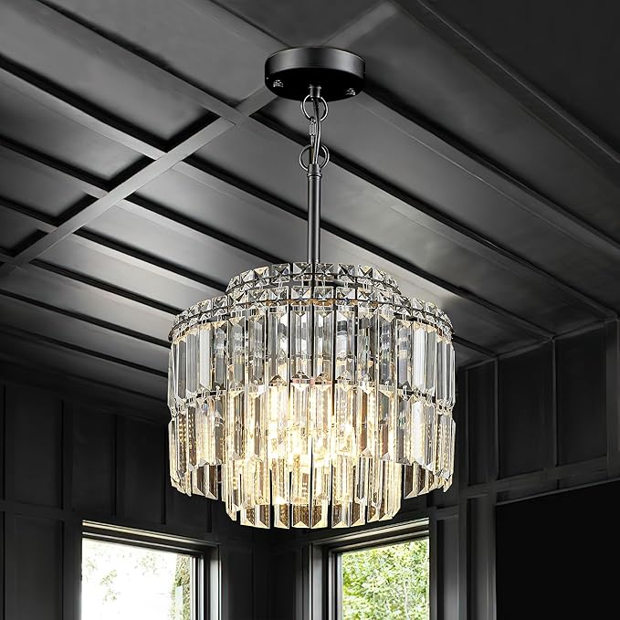 Modern 12.8“ Black Crystal Chandelier Ceiling Light Fixtures for Dining Room Luxury Glam 4-Light Crystal Chandeliers Lighting for Bedroom Entryway Hallway Living Room Kitchen Island Foyer
