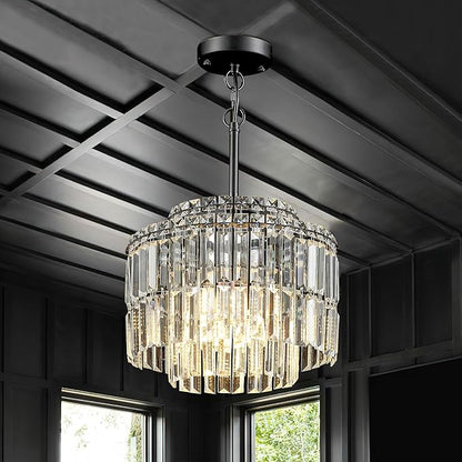 Modern 12.8“ Black Crystal Chandelier Ceiling Light Fixtures for Dining Room Luxury Glam 4-Light Crystal Chandeliers Lighting for Bedroom Entryway Hallway Living Room Kitchen Island Foyer