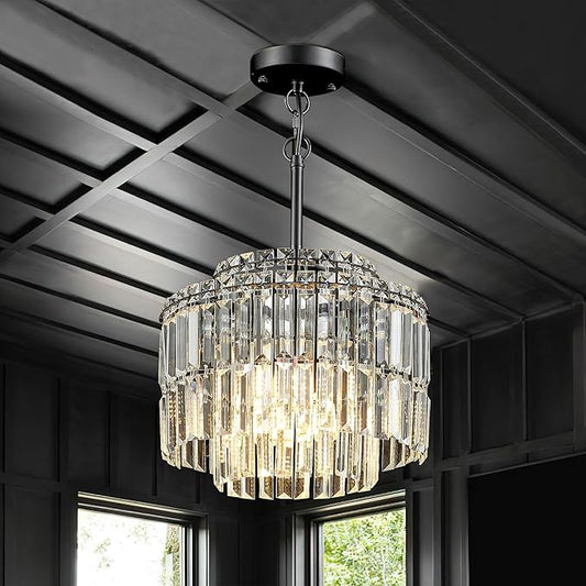 Modern 12.8“ Black Crystal Chandelier Ceiling Light Fixtures for Dining Room Luxury Glam 4-Light Crystal Chandeliers Lighting for Bedroom Entryway Hallway Living Room Kitchen Island Foyer