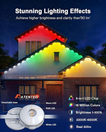 Lumary Permanent Outdoor Lights Max 158ft with 120 LED Eave Lights RGBAICW 7200lm, IP67 Waterproof, IC Control and Scene Modes for Halloween Christmas Decoration, Works with Alexa and Google Assistant