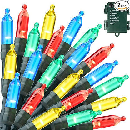 Joiedomi LED Christmas String Lights,2×50 Count 32.6FT Battery Operated Christmas Tree Fairy Lights with 8 Modes,Multifunction Green Wire for Xmas Decor Party Holiday House,Multicolor