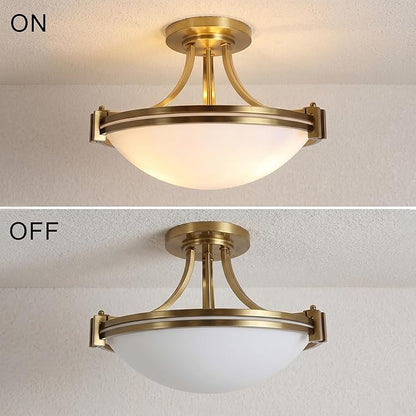 Bektas Modern Semi Flush Mount Ceiling Light Fixture 16 inch Gold Traditional Fixture with Milk Glass for Bedroom Kitchen Bathroom Hallway Foyer Living Room Entryway Brass ETL Listed