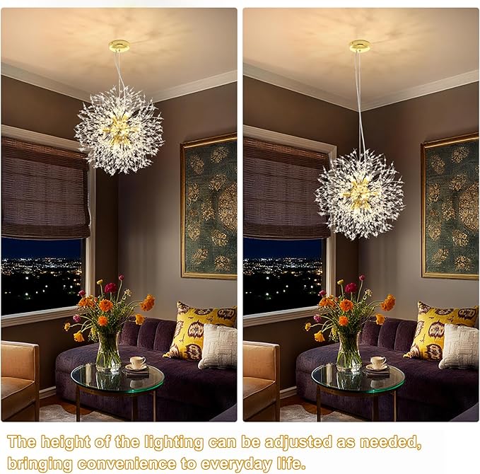 Yiisem Gold Crystal Chandeliers, 12-Light Modern Firework Pendant Lighting, G9 Dandelion Chandelier Light Fixtures for Dining Room Bedroom Living Room Restaurant Kitchen Aisle Hallway