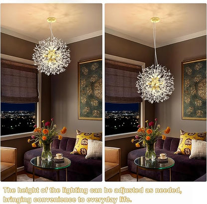 Yiisem Gold Crystal Chandeliers, 12-Light Modern Firework Pendant Lighting, G9 Dandelion Chandelier Light Fixtures for Dining Room Bedroom Living Room Restaurant Kitchen Aisle Hallway