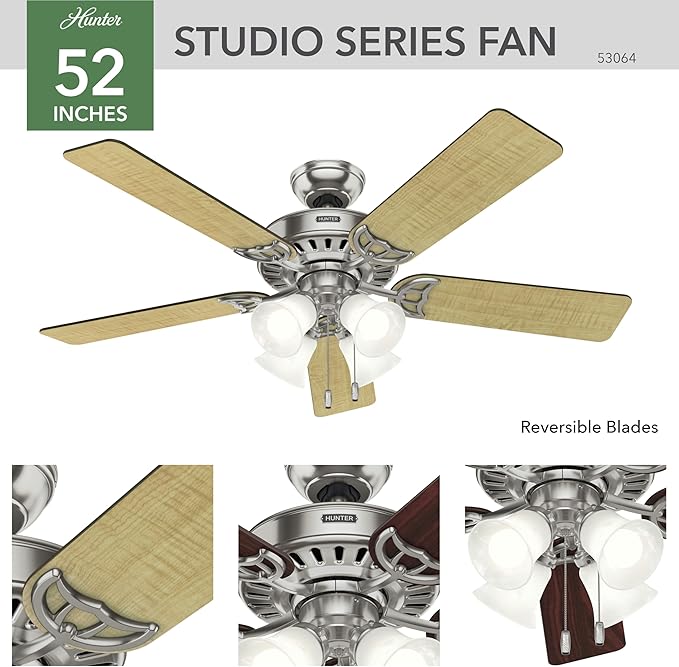 Hunter 52 inch Indoor Ceiling Fan with LED Lights and Pull Chain - Standard Mount Ceiling Fan, 5 Blades, For Bedroom, Living Room, or Kitchen, Quiet - Studio Series 53064, Brushed Nickel