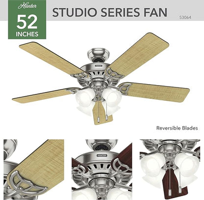 Hunter 52 inch Indoor Ceiling Fan with LED Lights and Pull Chain - Standard Mount Ceiling Fan, 5 Blades, For Bedroom, Living Room, or Kitchen, Quiet - Studio Series 53064, Brushed Nickel