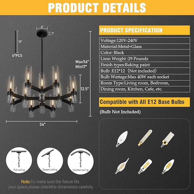 12 Light Black Chandeliers for Dining Room Light Fixtures Over Table, Modern Farmhouse Chandelier with Clear Glass Cover for Living Dining Room Kitchen Island Bedroom Foyer 34"