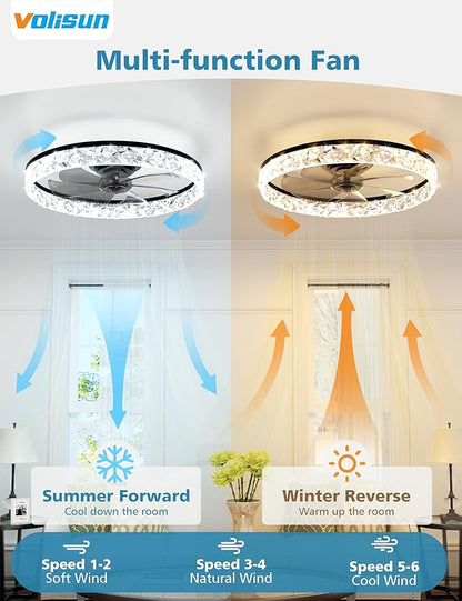 VOLISUN Low Profile Ceiling Fan with Lights and Remote, 20in Modern Ceiling Fans Flush Mount, 3000K-6500K Dimmable Bladeless LED Fan Light, Black Fandelier Ceiling Fans with Lights for Bedroom