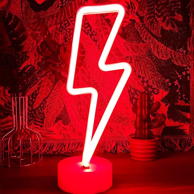 Lightning Bolt Neon Signs Red Lightning Neon Sign Light for Bedroom, USB/Battery Operated Thunder Lamp Neon Sign, Stand Lightning Shape LED Sign Decor for Shelf Desk Table Game Room Man Cave