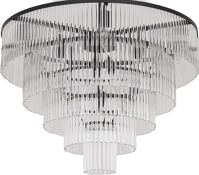 Modern Multi-Tier Crystal Chandelier 4-Tier Round Black Finish Ceiling Light -Cylindrical Glass Rods -Dining Room Living Room Bedroom Entryway -Luxury Lighting Fixture 20''