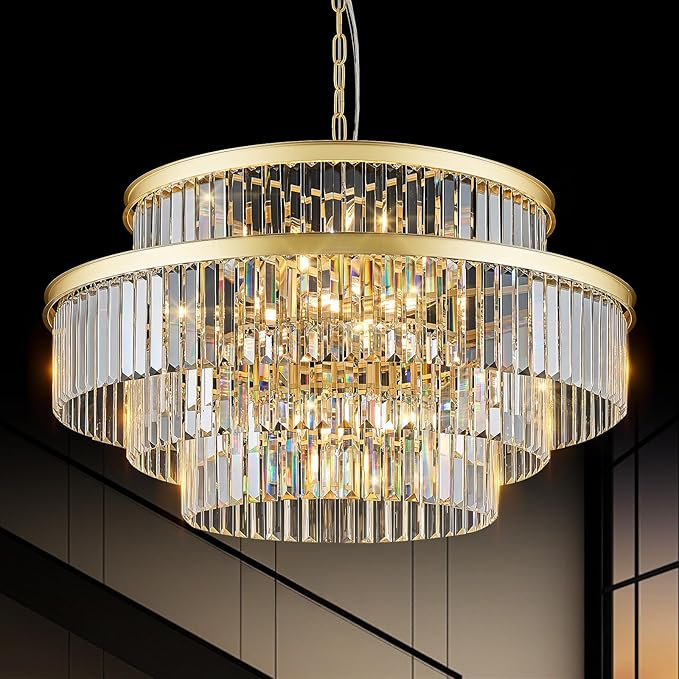 20 Lights Modern Gold Crystal Chandeliers Large 31" 4-Tier K9 Crystal Light Fixture Luxury Round Ceiling Pendant Chandelier for Foyer Staircase Living Room Dining Room