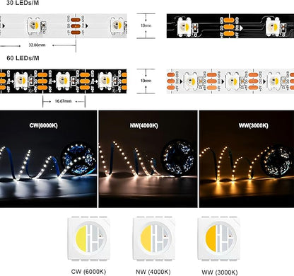 DC5V SK6812 (Similar WS2812B) RGBW RGB+Neutral White 60leds/Pixels/m LED Strip Light Individually Addressable 4Color in 1LED Non-Waterproof (16.4ft(5m) 300leds, IP30) (No Adapter or Controller)