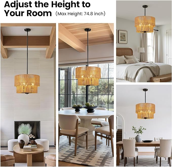 RUIYEY Rattan Chandelier Light Fixtures: 18 inch Boho Large Pendant Lights with Wicker Lampshade, E12 5 Light Height Adjustable Hand Woven Hanging Black Chandeliers for Dining Room Kitchen Living Room