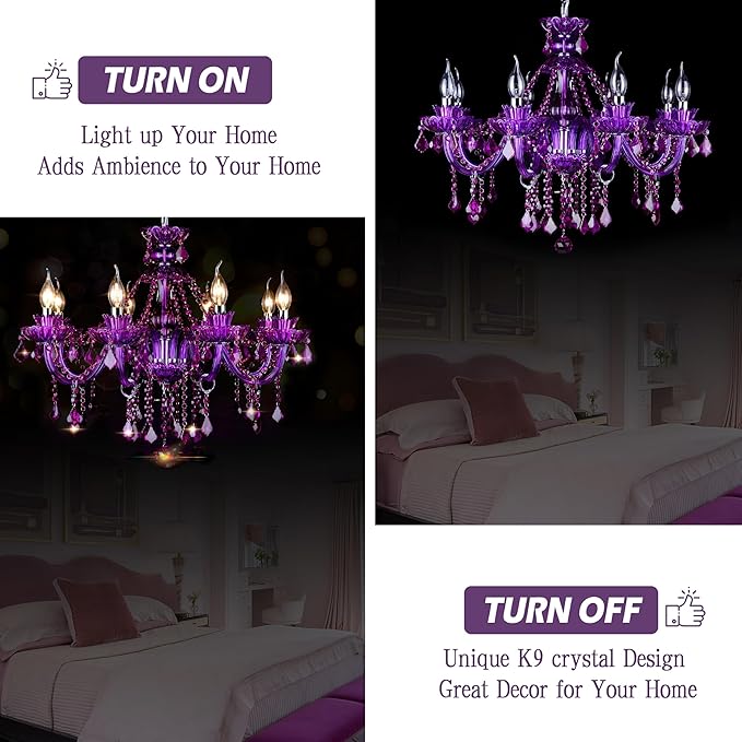 Bagood Purple 8 Lights K9 Crystal Candle Chandeliers Lighting Modern Pendant Lights Ceiling Fixture Lamp for Dining Living Room Bedroom Entry Elegant Decoration E12 Base, H20.5 x W28.3 Inch