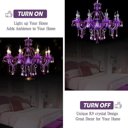 Bagood Purple 8 Lights K9 Crystal Candle Chandeliers Lighting Modern Pendant Lights Ceiling Fixture Lamp for Dining Living Room Bedroom Entry Elegant Decoration E12 Base, H20.5 x W28.3 Inch