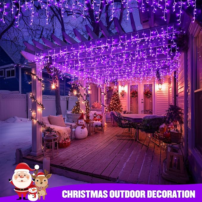 JMEXSUSS Purple Christmas Icicle Lights, 38.8 FT 400 LED Icicle Light Outdoor Waterproof, 8 Modes Purple Halloween Lights with 80 Drops Plug in for House Christmas Party Decorations