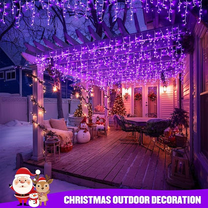 JMEXSUSS Purple Christmas Icicle Lights, 38.8 FT 400 LED Icicle Light Outdoor Waterproof, 8 Modes Purple Halloween Lights with 80 Drops Plug in for House Christmas Party Decorations