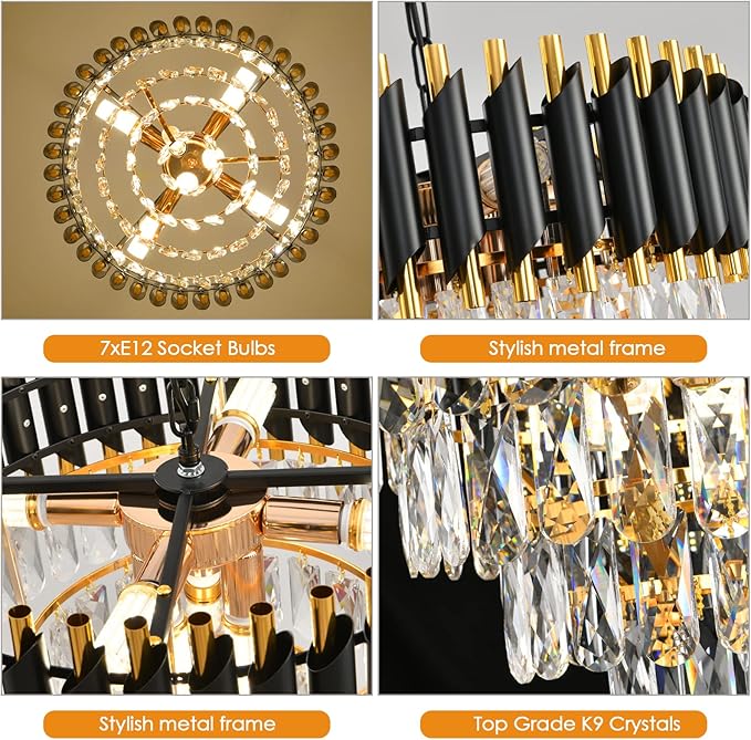 Gold Modern Crystal Chandeliers 4-Tier K9 Round Black and Gold Crystal Chandelier Light Fixture 7 Lights Hanging Pendant Ceiling Light Fixture for Dining Room Living Room Bedroom Entryway Foyer W20in