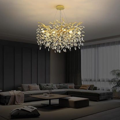 Tree Branch Chandelier Modern Crystal Pendant Light, Luxury Gold Art Deco Raindrop Lighting Fixture for Dining Room Bedroom Living Room 10 Lights D30''