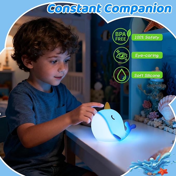 OkiyiD Blue Narwhal Night Light, Cute Squishy Silicone Lamp, Dimmable Touch Control Narwhal Gifts for Boys Girls, Ocean Animal Nursery Lamp for Birthday Christmas Decor